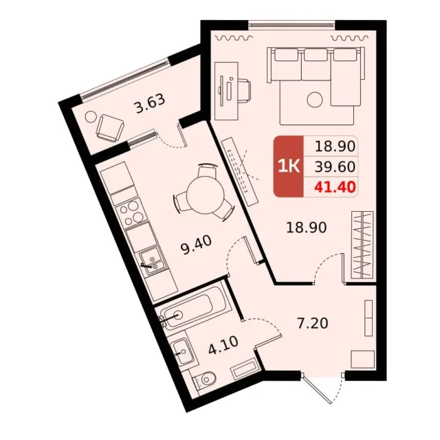 1 комн. Квартира 41.4 кв. м