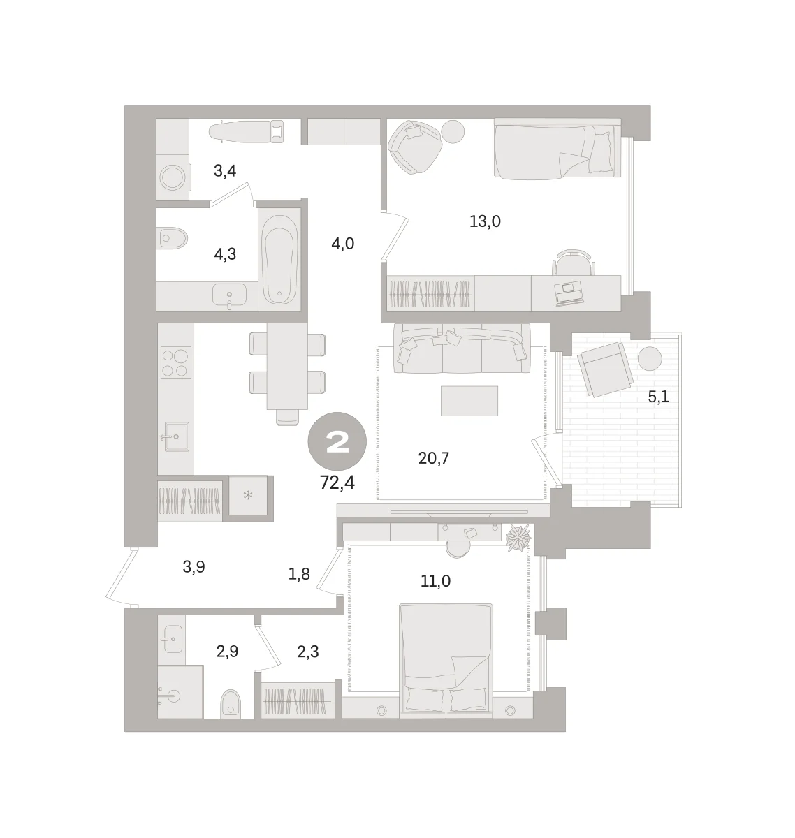 2 комн. Квартира 72.4 кв. м