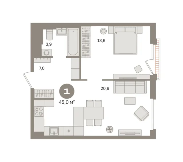 1 комн. Квартира 45 кв. м