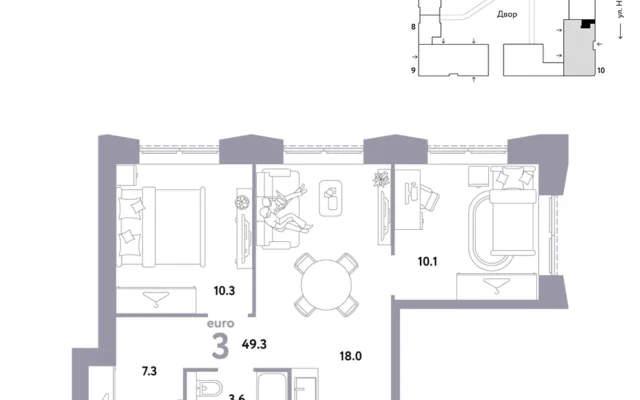 3 комн. Квартира 49.3 кв. м, Москва