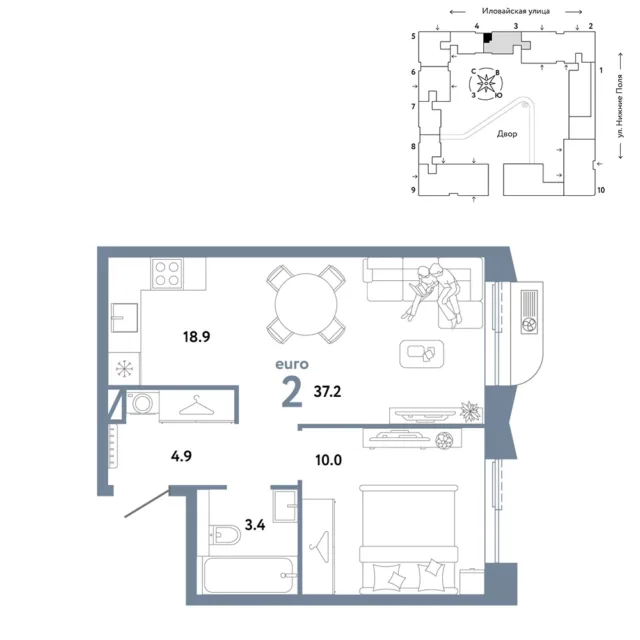 2 комн. Квартира 37.2 кв. м