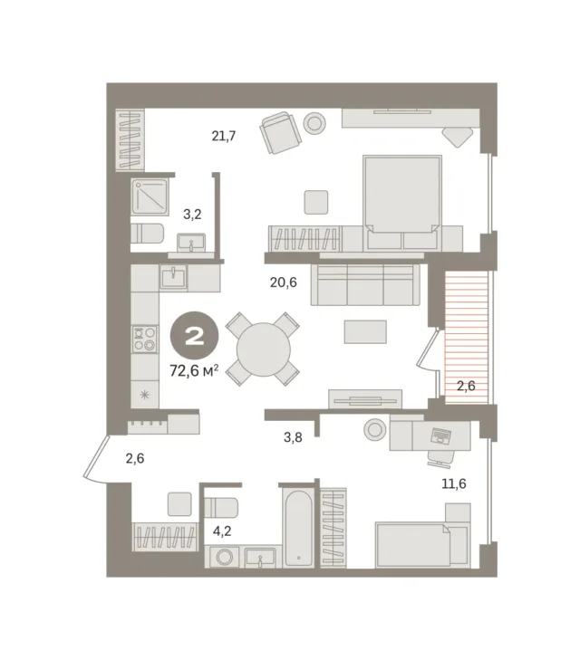 2 комн. Квартира 72.6 кв. м