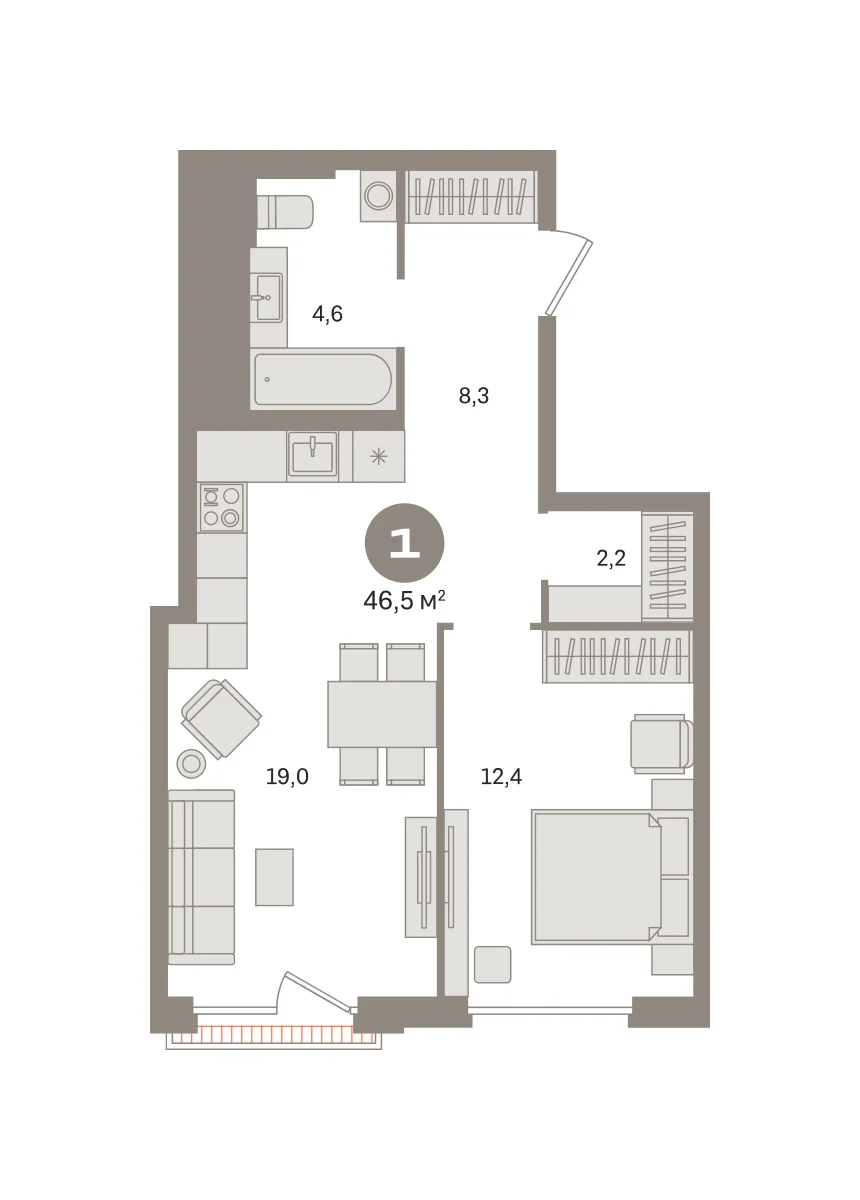 1 комн. Квартира 46.5 кв. м