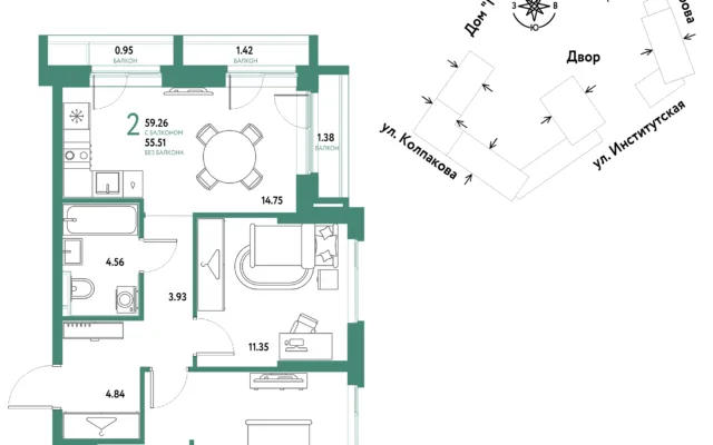 2 комн. Квартира 59.3 кв. м, Москва