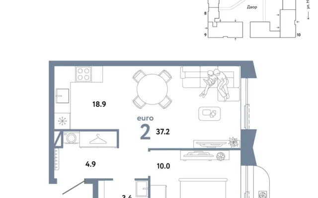 2 комн. Квартира 37.2 кв. м, Москва