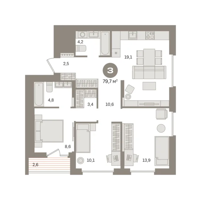 3 комн. Квартира 79.7 кв. м