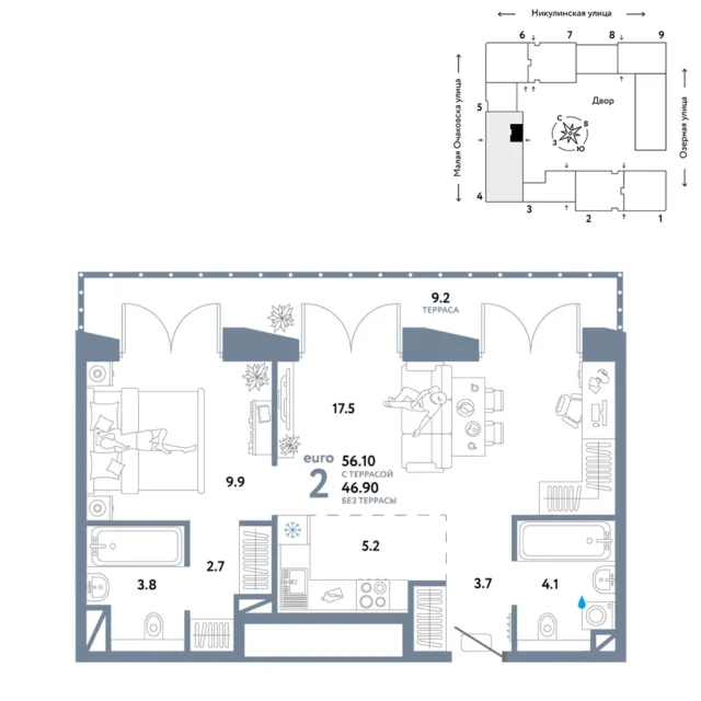 2 комн. Квартира 56.2 кв. м