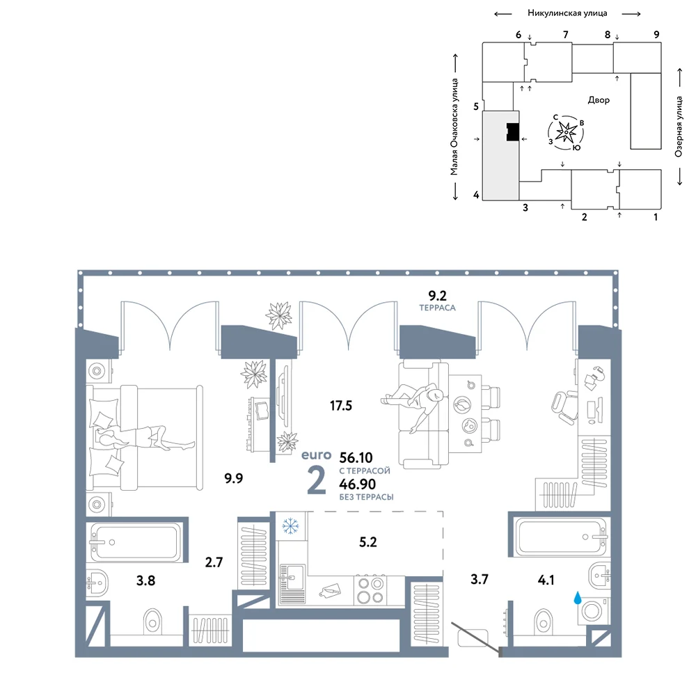 2 комн. Квартира 56.2 кв. м