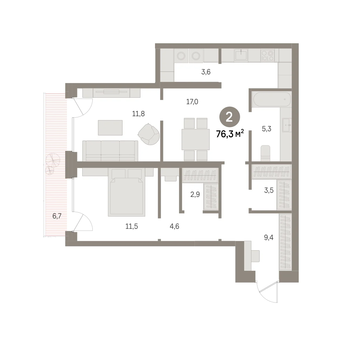 2 комн. Квартира 76.3 кв. м