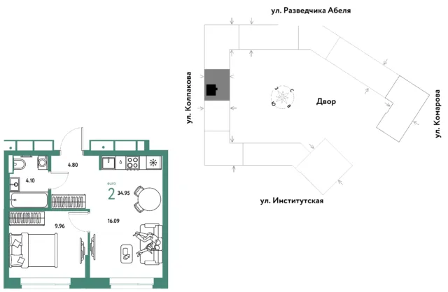 2 комн. Квартира 35 кв. м