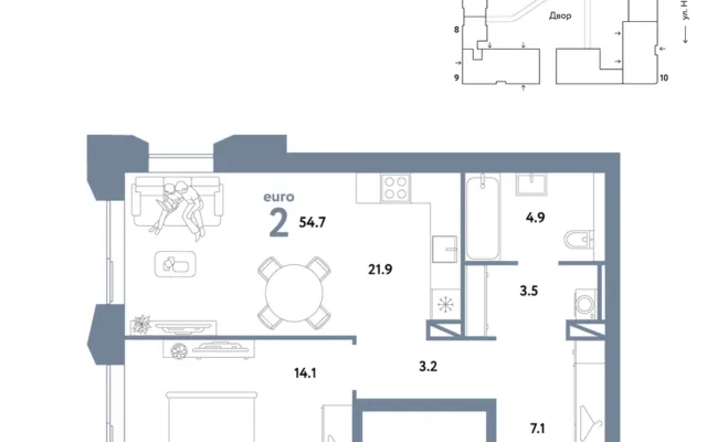 2 комн. Квартира 54.7 кв. м, Москва