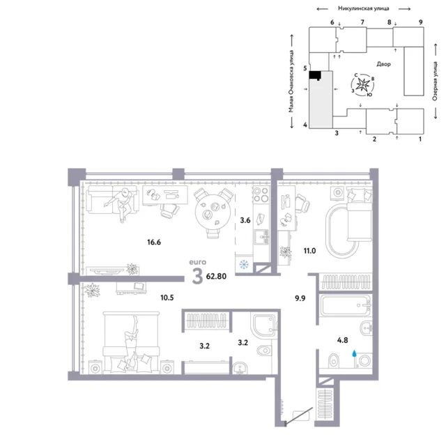 3 комн. Квартира 62.8 кв. м