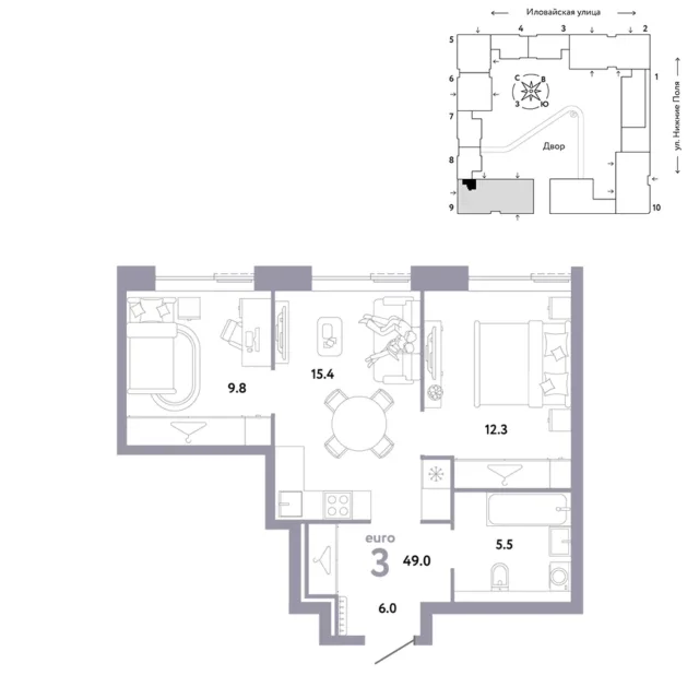 3 комн. Квартира 49 кв. м