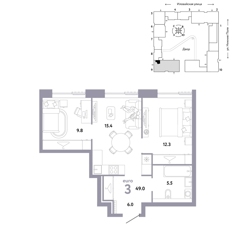 3 комн. Квартира 49 кв. м