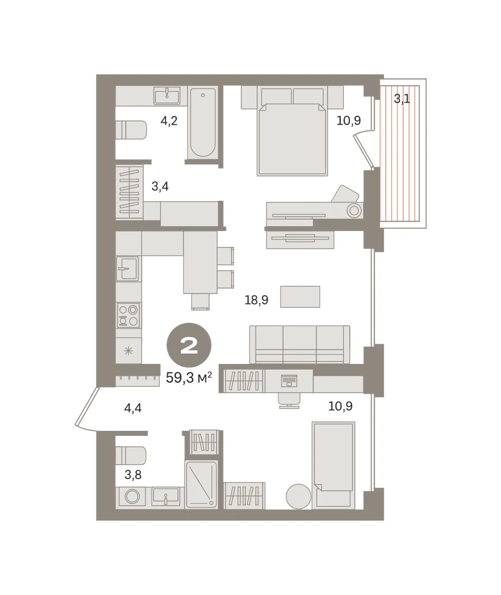 2 комн. Квартира 59.3 кв. м