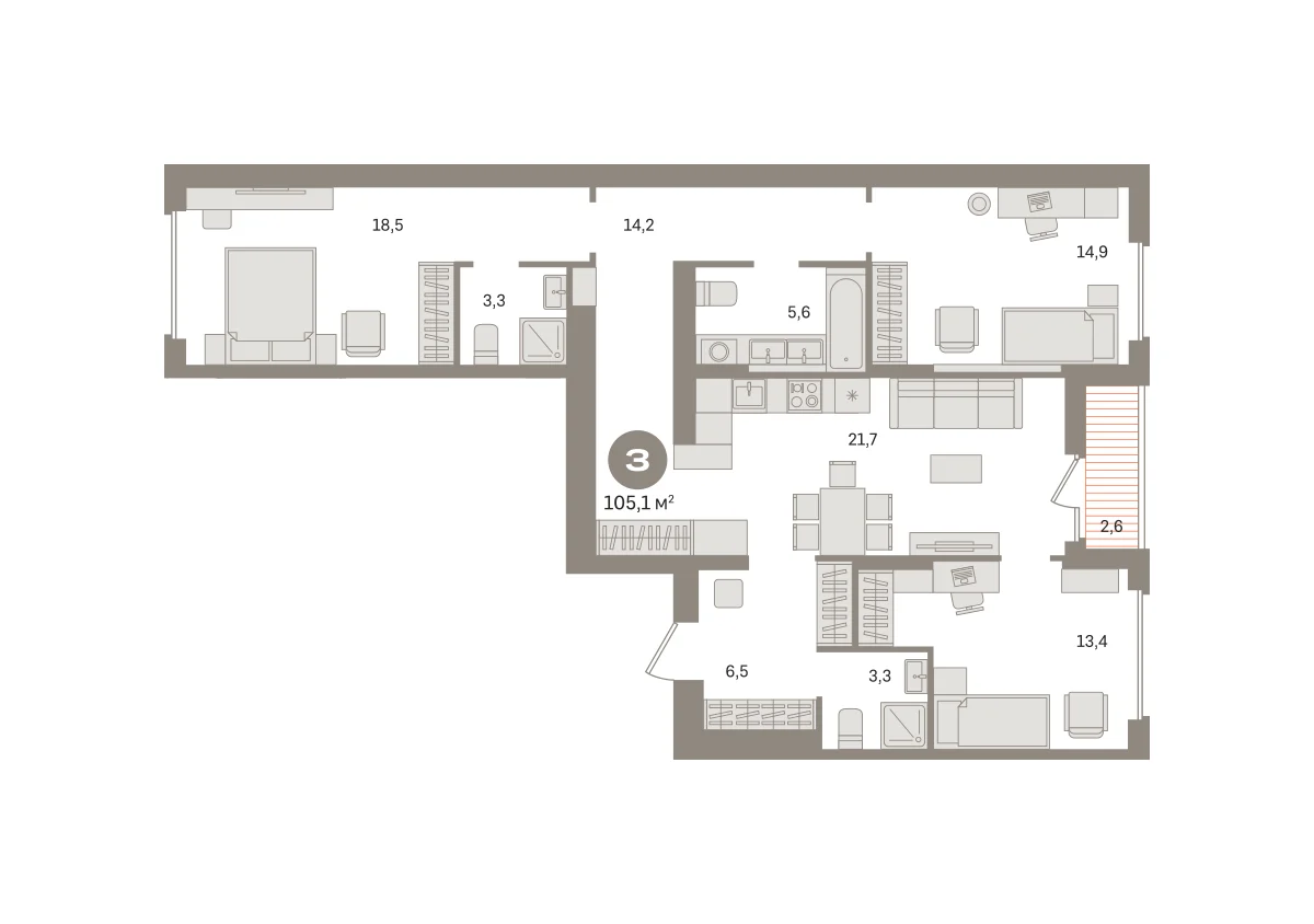 3 комн. Квартира 105.1 кв. м