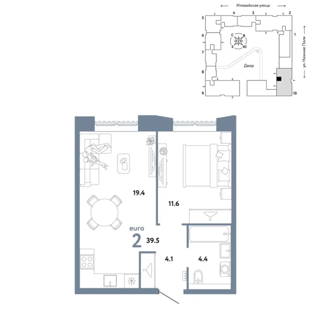 2 комн. Квартира 39.5 кв. м