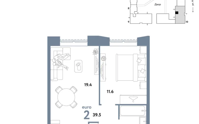 2 комн. Квартира 39.5 кв. м, Москва