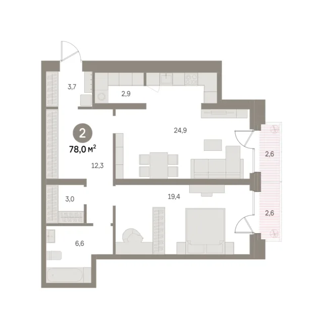 2 комн. Квартира 78 кв. м