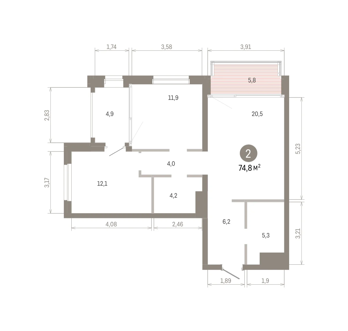 2 комн. Квартира 74.8 кв. м