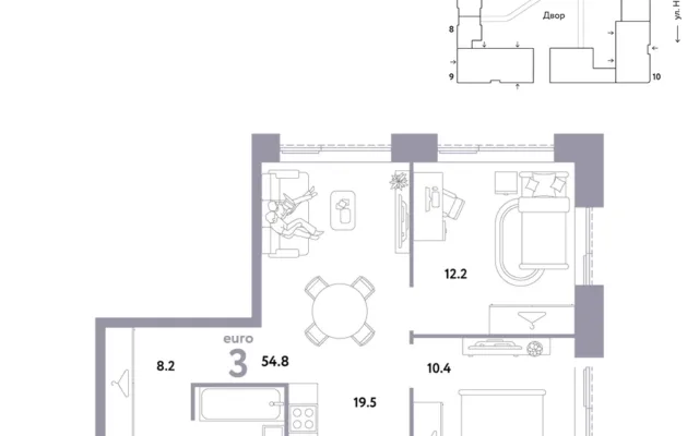 3 комн. Квартира 54.8 кв. м, Москва