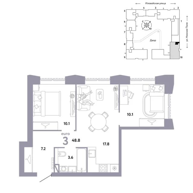 3 комн. Квартира 48.8 кв. м