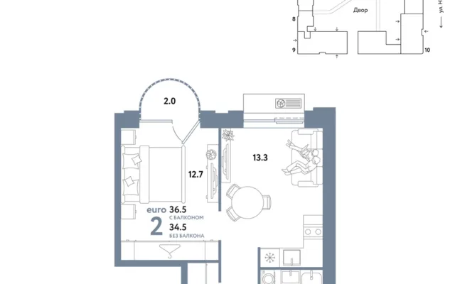 2 комн. Квартира 36.5 кв. м, Москва