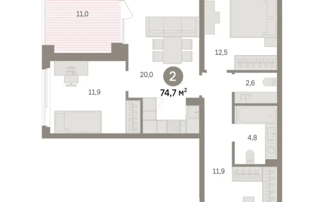 2 комн. Квартира 74.7 кв. м, Московская область Москва
