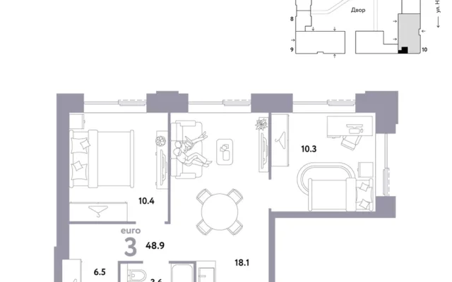 3 комн. Квартира 48.9 кв. м, Москва