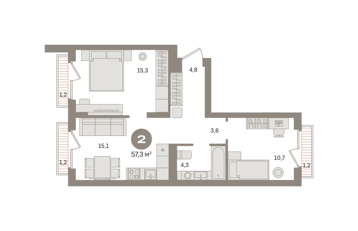 2 комн. Квартира 57.3 кв. м