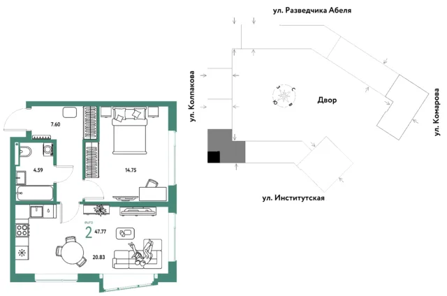 2 комн. Квартира 47.8 кв. м