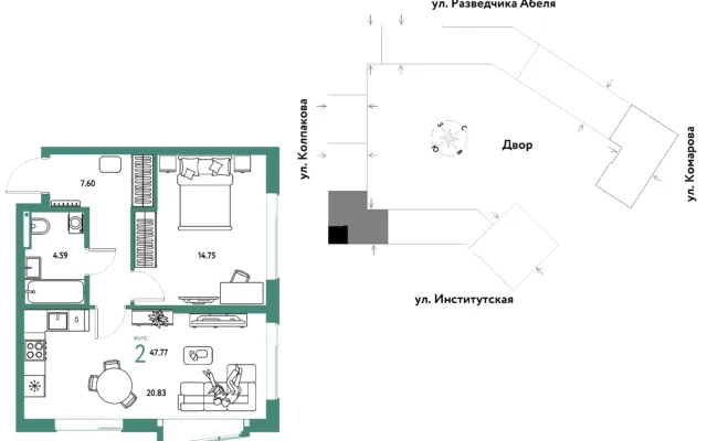2 комн. Квартира 47.8 кв. м, Москва