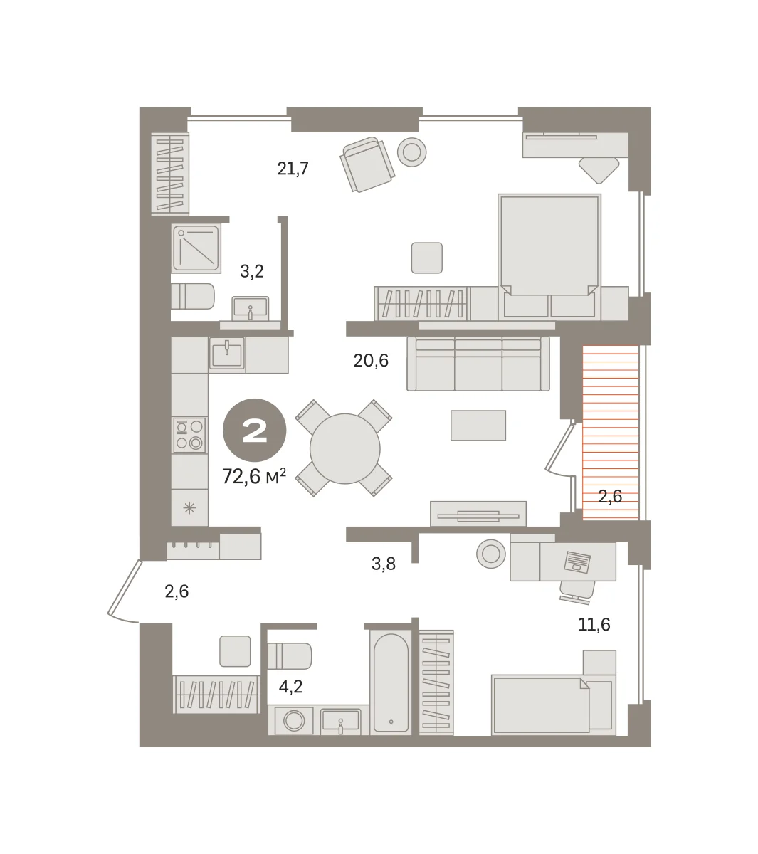 2 комн. Квартира 72.6 кв. м