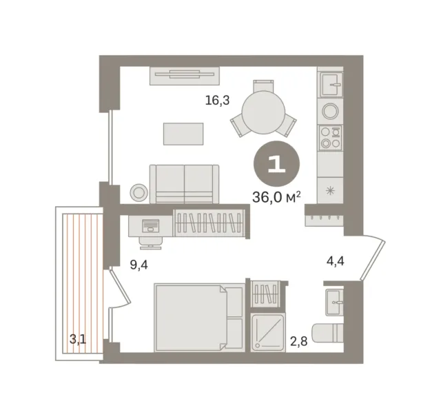 1 комн. Квартира 36 кв. м