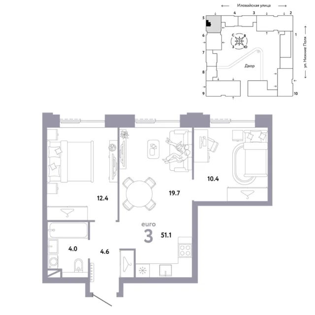 3 комн. Квартира 51.1 кв. м