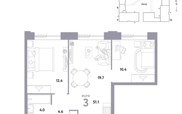 3 комн. Квартира 51.1 кв. м, Москва