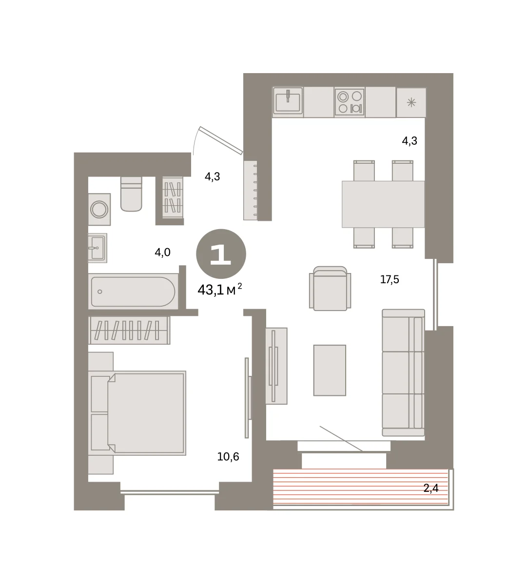 1 комн. Квартира 43.1 кв. м