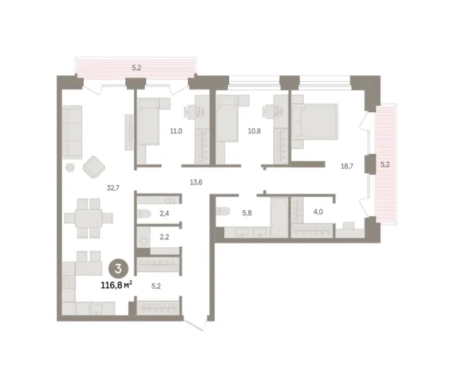 3 комн. Квартира 116.8 кв. м