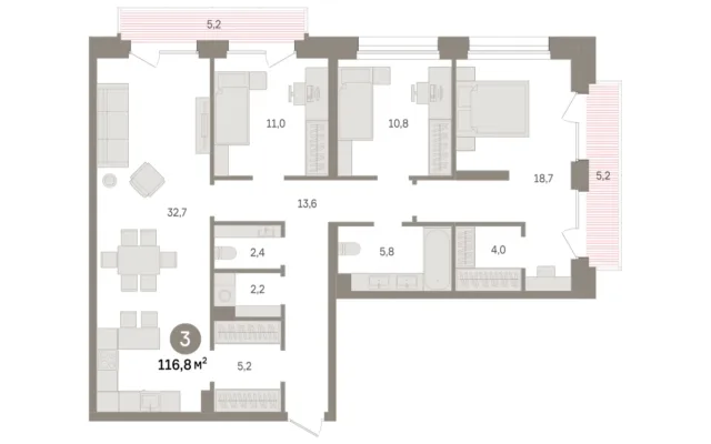 3 комн. Квартира 116.8 кв. м, Московская область Москва