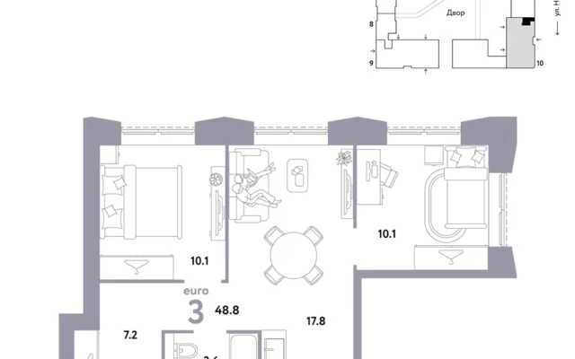 3 комн. Квартира 48.8 кв. м, Москва