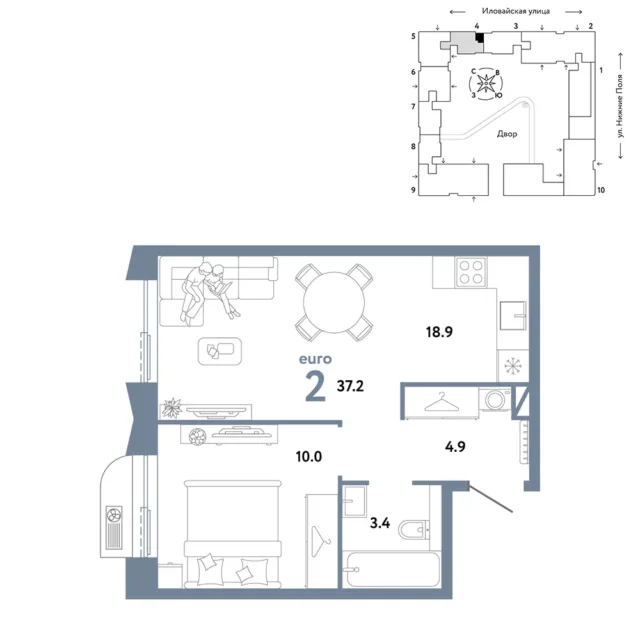 2 комн. Квартира 37.2 кв. м