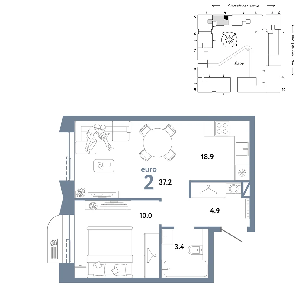 2 комн. Квартира 37.2 кв. м