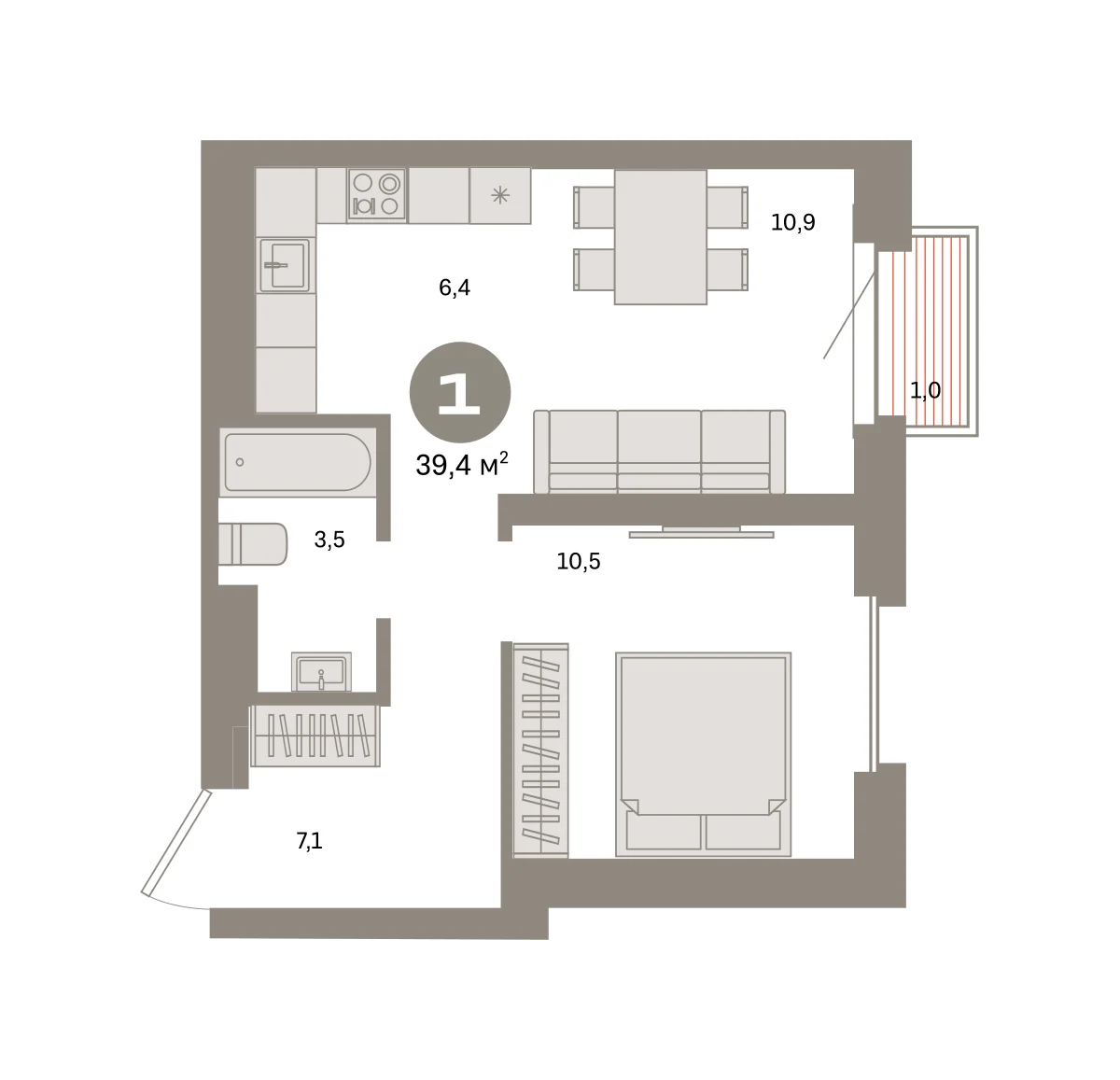 1 комн. Квартира 39.4 кв. м