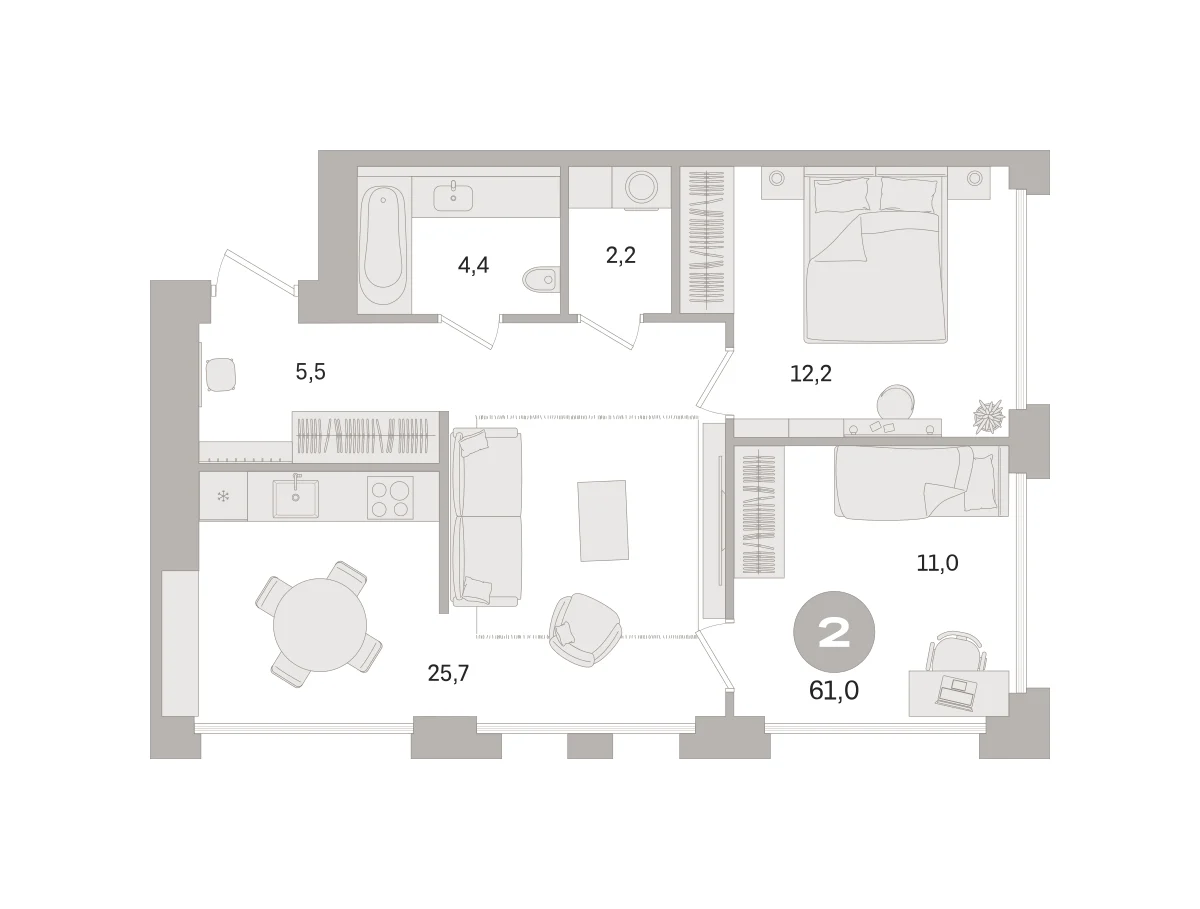2 комн. Квартира 61 кв. м
