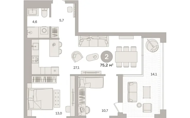 2 комн. Квартира 75.2 кв. м, Московская область Москва