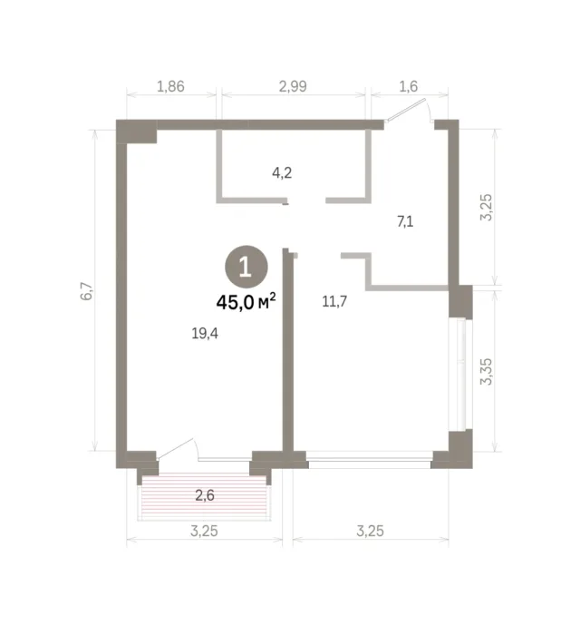 1 комн. Квартира 45 кв. м