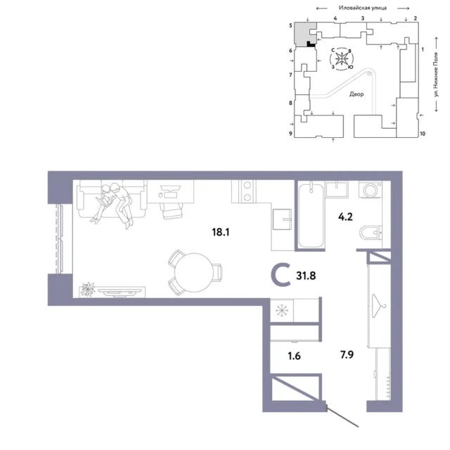 1 комн. Квартира 31.8 кв. м