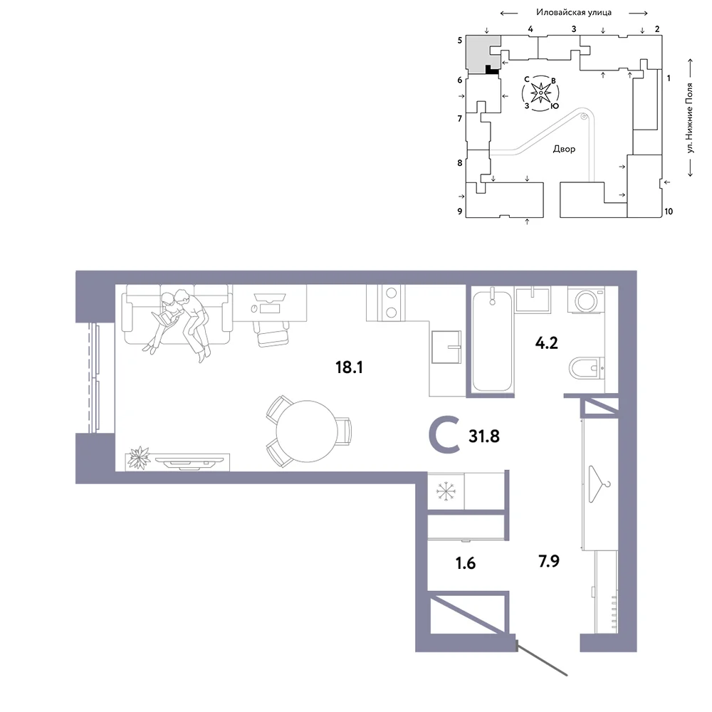 1 комн. Квартира 31.8 кв. м
