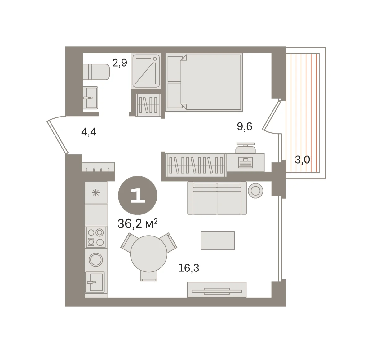 1 комн. Квартира 36.2 кв. м