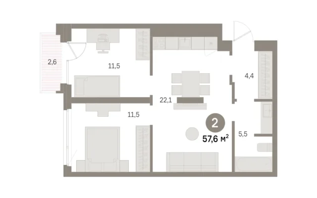 2 комн. Квартира 57.6 кв. м, Московская область Москва